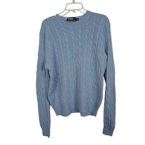 Polo By Ralph Lauren Sweater L 100 % Cashmere Blue Coastal Cable Knit Preppy